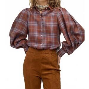 NEW LANTHROPY camille linen shirt in hazelnut checks